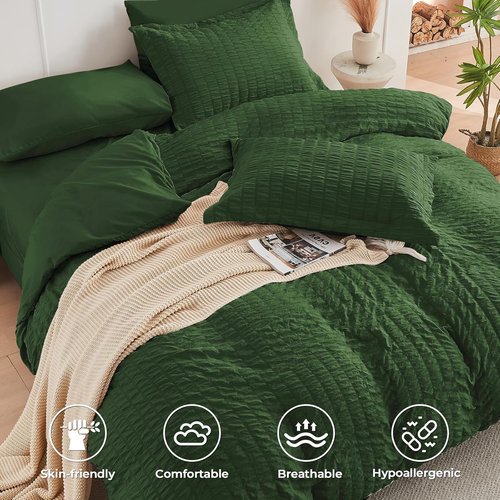 HYMOKEGE Twin Comforter Set - Dark Green Seersucker Luxury Bedding | 5-Piece All-Season Bed in a Bag