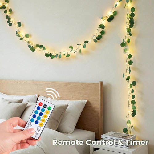 Eucalyptus Garland | 40 LED Fairy Lights with Remote & Timer - Dual Power (USB/Battery), IP44 for Cozy Home Decor