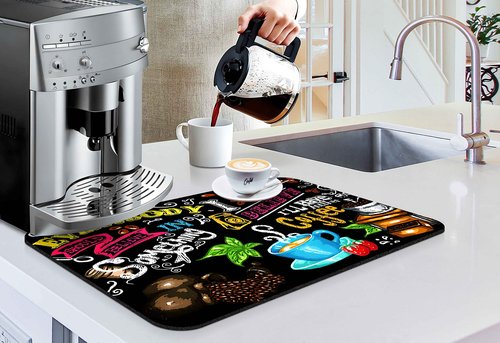 Safarsa Coffee Bar mat Accessories for Countertop Absorbent Hide Stain Rubber Backed Dish Drying Mats for Kitchen Counter Draining Pad Decor Gift(20x12in)