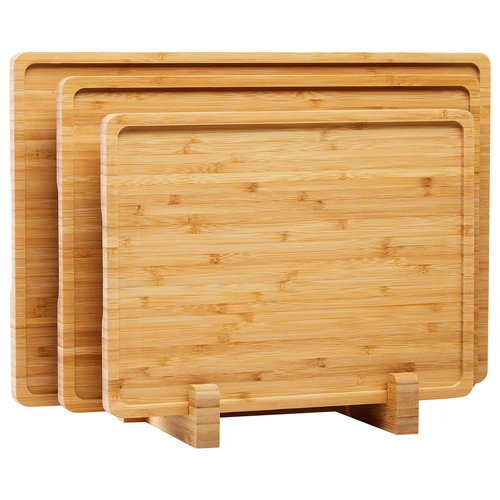 GarveeHome Bamboo Wood Cutting Boards Set of 3 with Holder – Kitchen Chopping Boards with Inner Handle and Deep Juice Groove, Ideal Serving Trays for Fruits, Meats, Cheeses, and Veggies