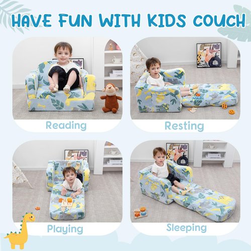 Airpanda Comfy Toddler Chair and Couch for Kids with Blanket,2-in-1 Soft Plush Fold Out Toddler Couch for Girls and Boys,Convertible Sofa to Lounger for Playroom,Glowing Dinosaur