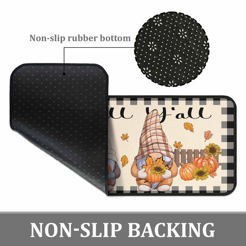 Buffalo Plaid Pumpkin Fall Kitchen Rugs Set of 2, Non Slip Absorbent Autumn Thanksgiving Kitchen Mats Pumpkin Gnomes Kitchen Rugs and Mats Sets 17"x47"+17"x30"
