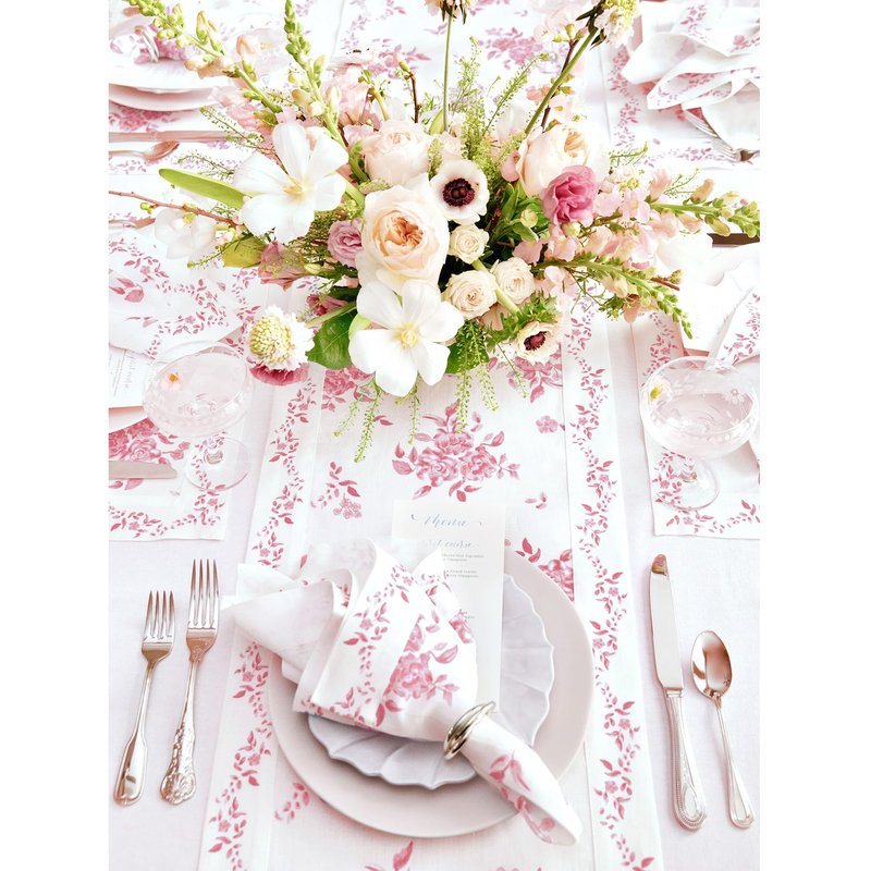 Solino Home Pink Floral Print Table Runner 48 inch - 100% Pure Linen Table Runner 14 x 48 Inch for Mothers Day, Spring, Summer - Handcrafted and Machine Washable - Jolie Fleur Print