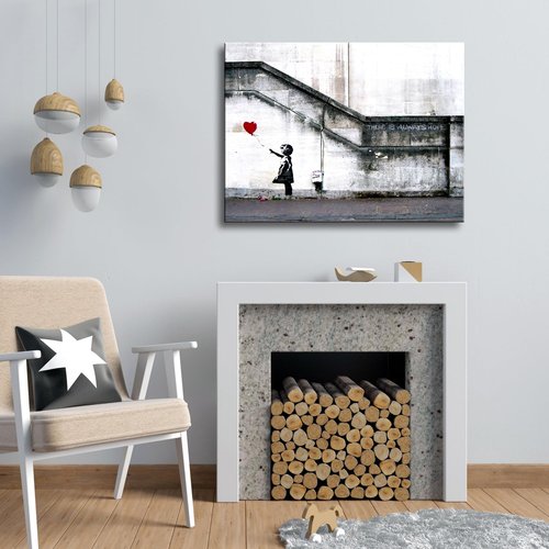 Wieco Art Canvas Paintings Wall Art Banksy Grafitti Girl with Red Balloon Grey Large Love Canvas Prints Pictures Modern Gallery Wrapped Inspirational Artwork Ready to Hang for Home Office Decor