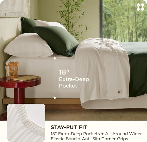 Bedsure Bamboo Viscose Queen Sheet Set - Cooling Luxury Bedsheets for Hot Sleepers | Silky Soft | 18" Deep Pocket | Oeko-Tex Certified [White]