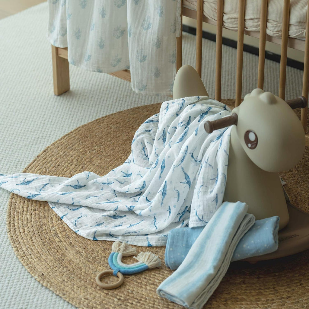 Skiennix Muslin Swaddle Blankets - 4 Pack Cotton Baby Blankets for Boys | Large 31.5 x 43.3 Soft & Breathable Blue Whale Design