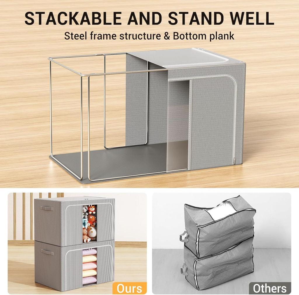 Skiennix Clothes Storage Bins - Foldable Organizers with Metal Frame | 66L, 3-Pack for Clothes & More