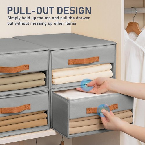 DIMJ Closet Organizers - Foldable Fabric Bins with Clear Windows | Stackable Storage Drawers, 4-Pack, Grey