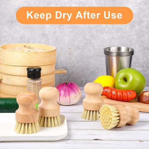 cobee 12Pcs Bamboo Dish Scrub Brushes, Kitchen Dishwashing Scrubber with Natural Sisal Bristles Round Wooden Dish Scrubber Brush for Iron Pot Pan Food Kitchen Sink Fruit Vegetable Wash