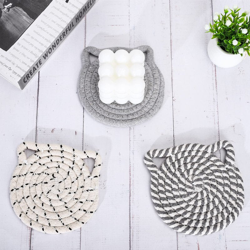 Whaline Cat Ears Coaster Set Cat Ear Shape Handmade Braided Cotton Coasters White Grey Non-Slip Absorbent Drink Coaster with Holder for Winter Christmas Birthday Housewarming Gifts Home Decor, 4Pcs
