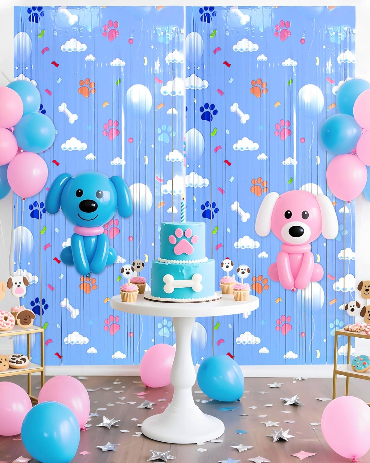 Paw Birthday Decorations - Blue Dog Theme Party Supplies | 3 Pack Tinsel Foil Fringe Curtains & Photo Booth Props