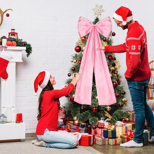 Giant Pink Bow | Double-Layer Satin Christmas Tree Topper & Room Decor | 24 x 42 Inches