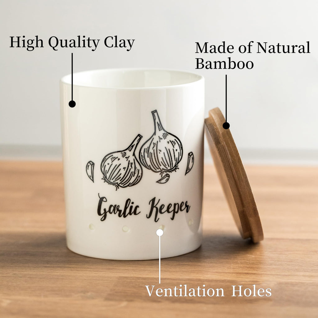 LYEOBOH Garlic Keeper, Garlic Storage, Garlic Holder, Large Ceramic Garlic Keeper with Wooden Lid, Garlic Jar, Garlic Storage Container, White