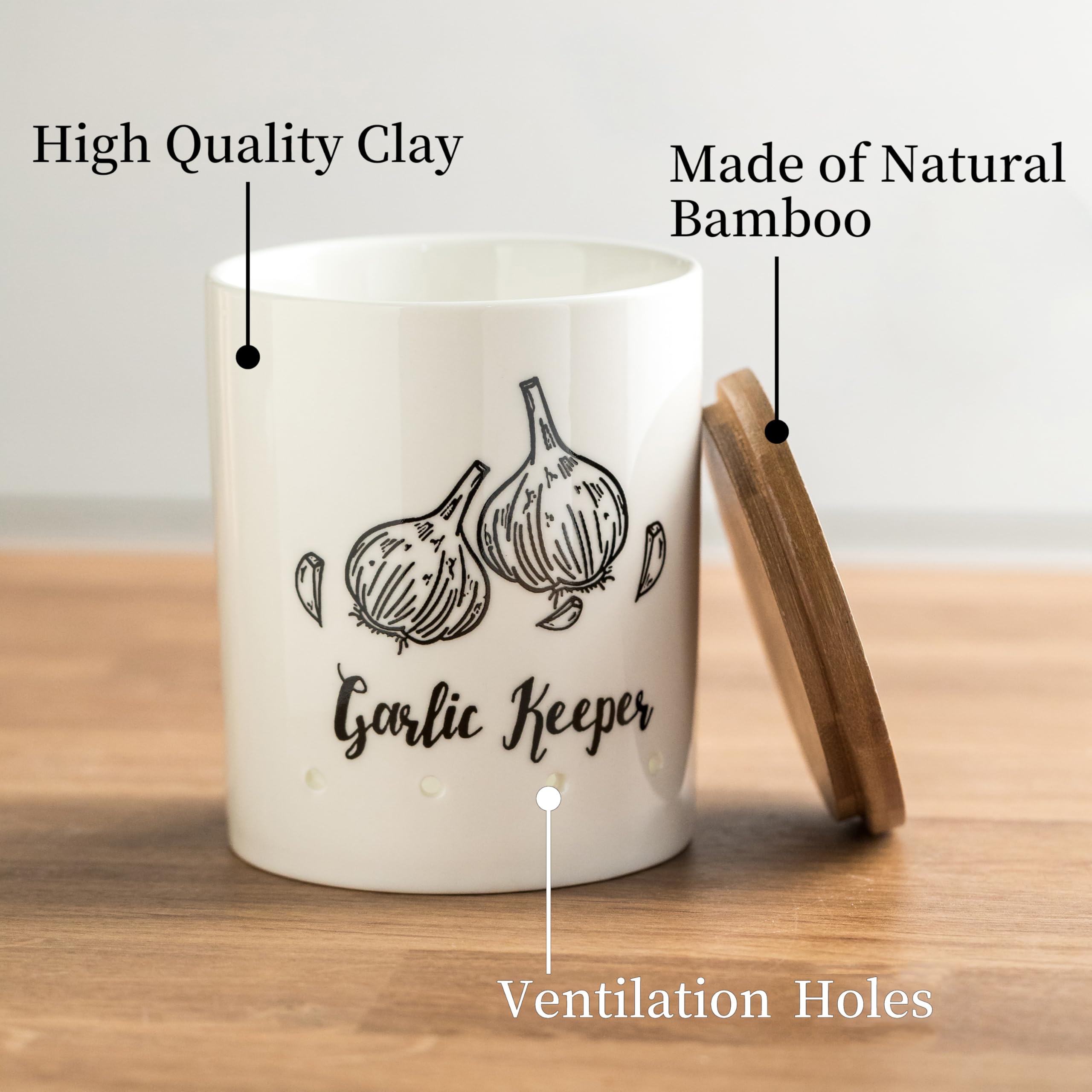 LYEOBOH Garlic Keeper, Garlic Storage, Garlic Holder, Large Ceramic Garlic Keeper with Wooden Lid, Garlic Jar, Garlic Storage Container, White
