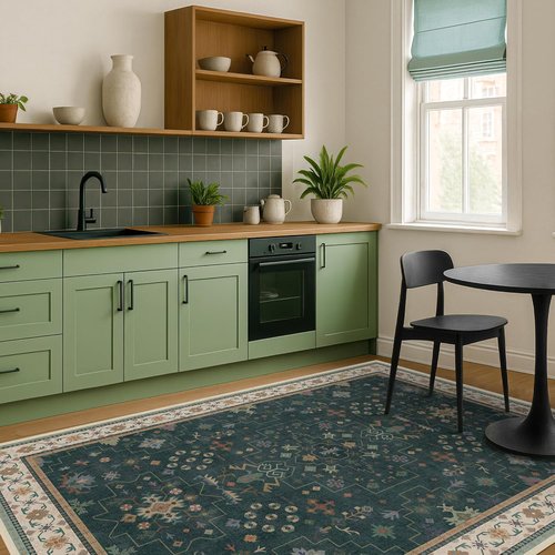 Hazo Haus Vintage Dark Green 6x8 Dining Room Rug - Washable Floral Low Pile Area Rug