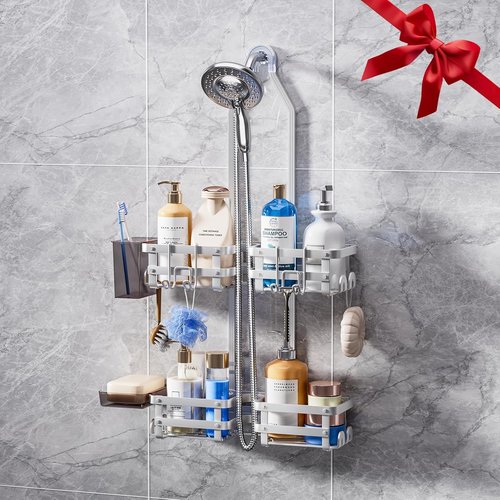 GAOKASE Aluminum Shower Caddy | Rustproof Hanging Organizer with 4 Levels & 10 Hooks - Silver