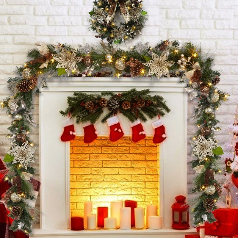 Fashionwu Gold Pre-lit Christmas Garland with Lights, 6 FT Lighted Xmas Garland with Golden Brown Bow-Knot Ball Decorations, Window Front Porch Door Fireplace Mantle Banister Decorations
