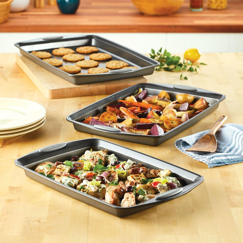 Rachael Ray Nonstick Bakeware Set - 3-Piece Cookie Sheets with Grips in Gray & Sea Salt Gray