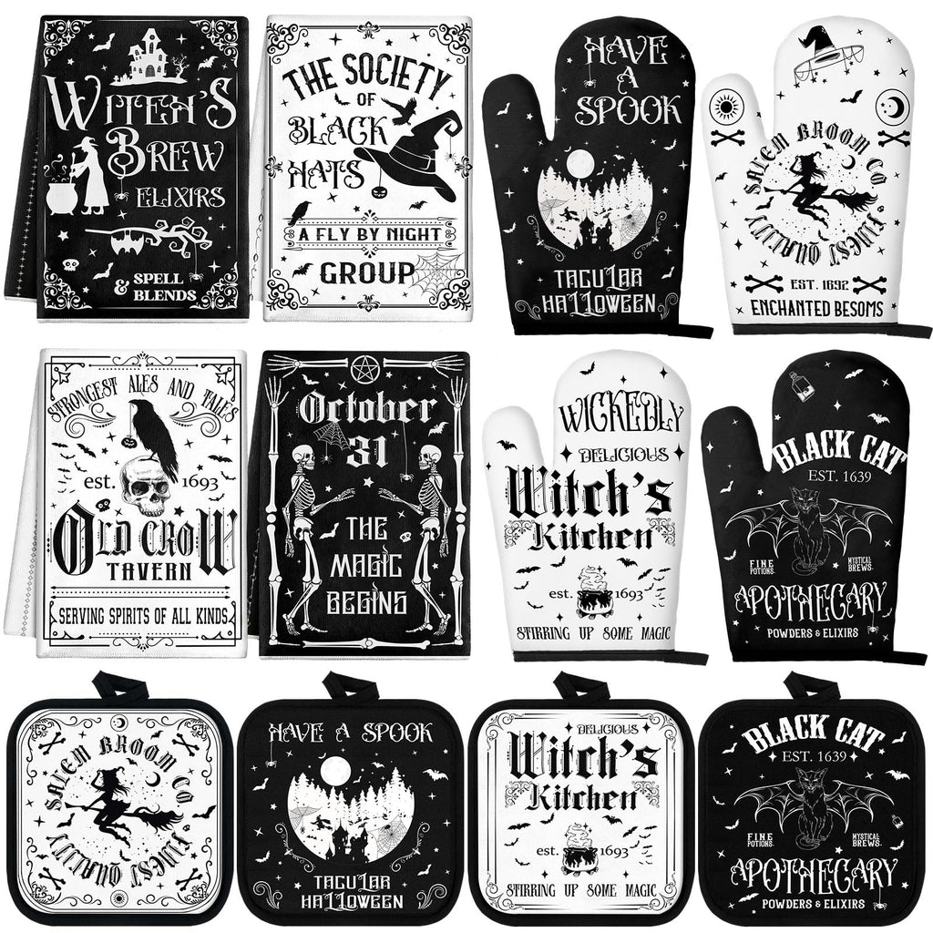 SiliFine 12 Pcs Oven Mitts and Kitchen Towel Sets 4 Dish Towels 4 Potholders 4 Vintage Resistant Glove for Cooking Baking Home Gifting(Goth Black and White)
