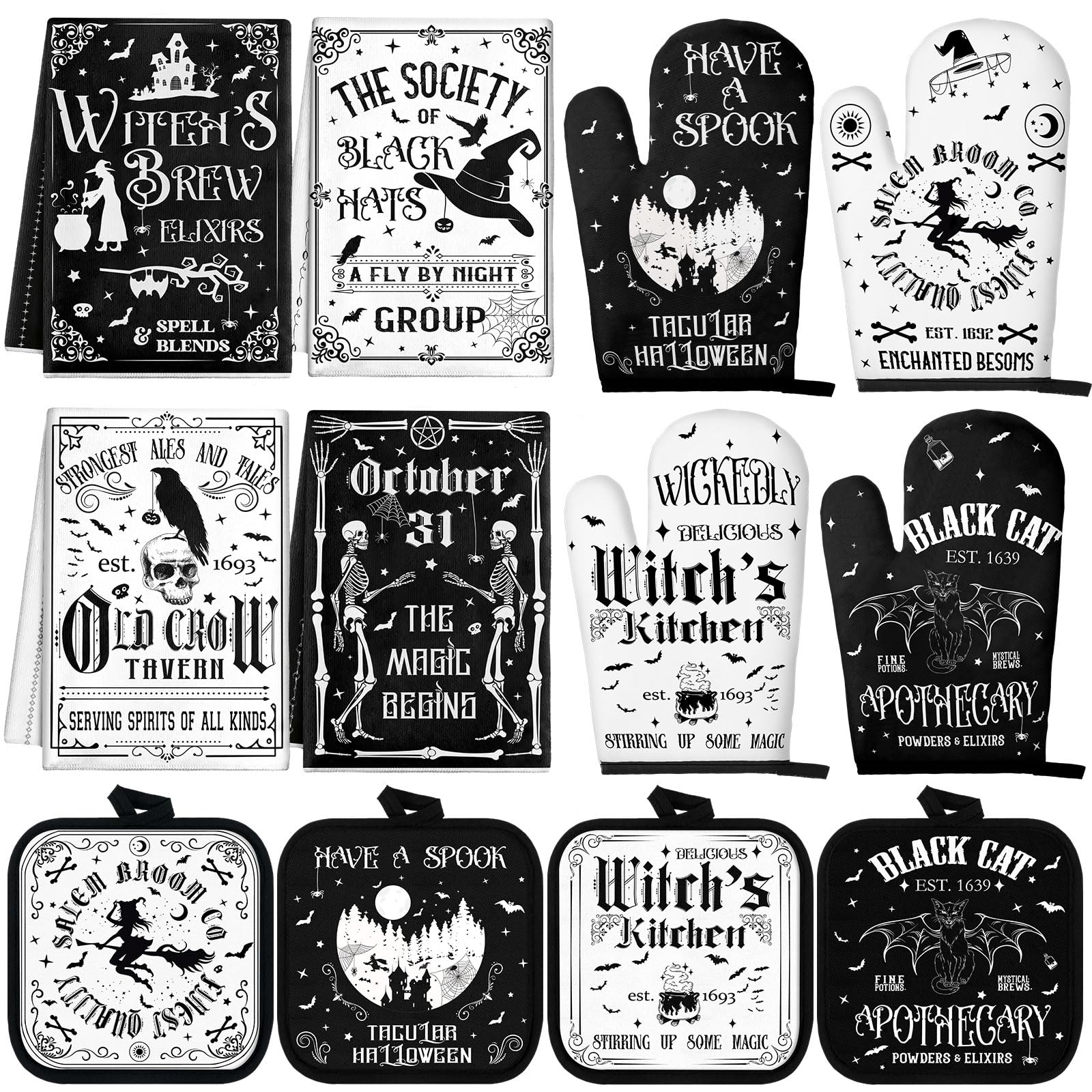 SiliFine 12 Pcs Oven Mitts and Kitchen Towel Sets 4 Dish Towels 4 Potholders 4 Vintage Resistant Glove for Cooking Baking Home Gifting(Goth Black and White)