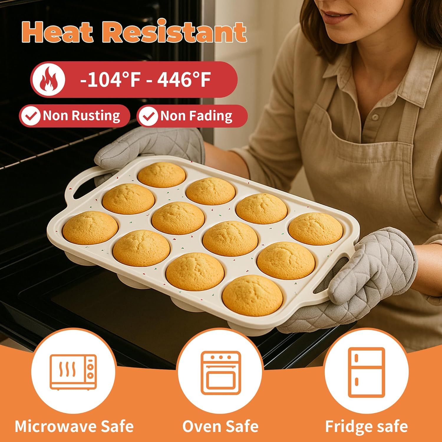 Skiennix Silicone Muffin Pan - 12-Cup Nonstick Baking Tray with Metal Reinforced Frame | BPA-Free