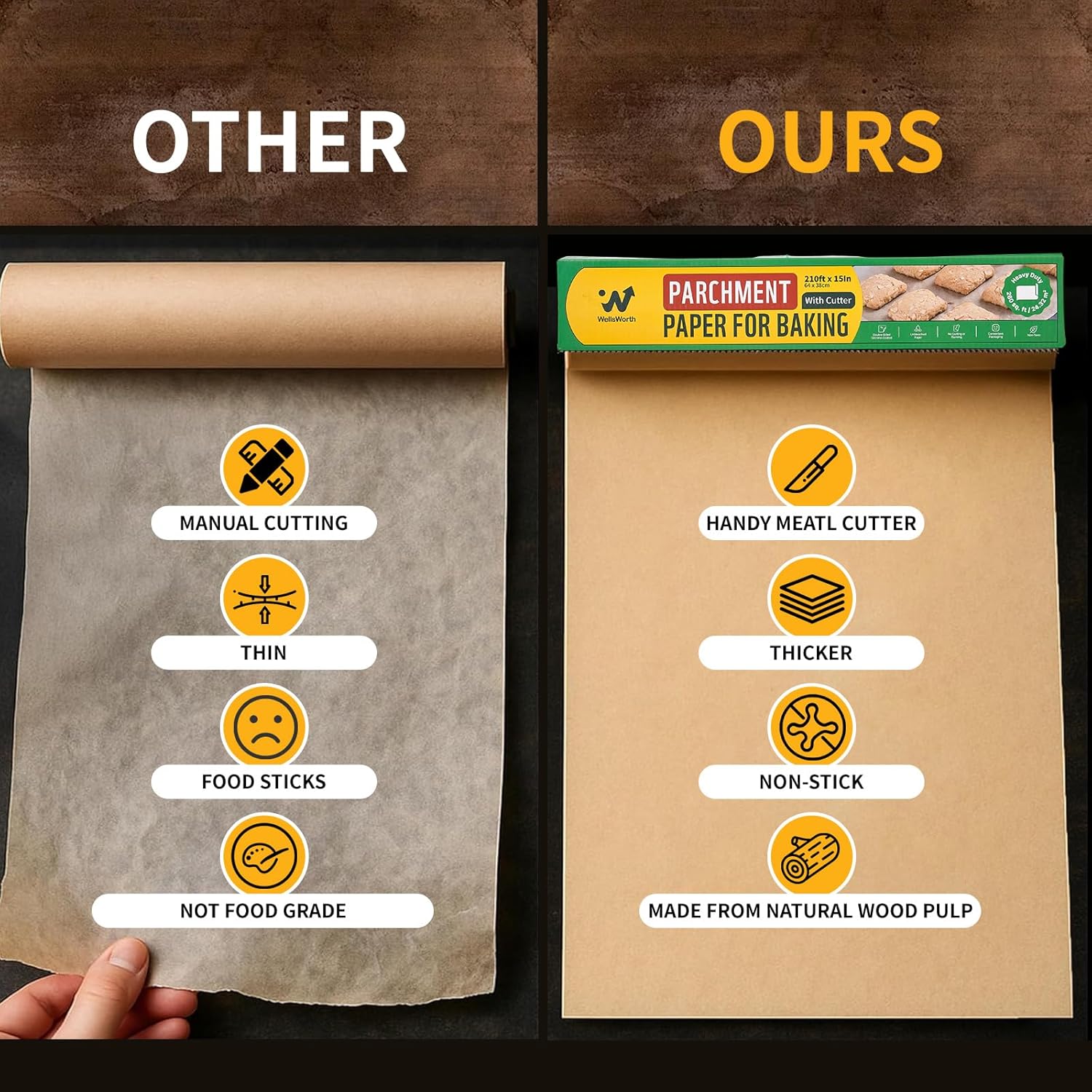 Unbleached Parchment Paper Roll - 15" x 210' Non-Stick Baking Paper | Heat Resistant & Food Grade Brown for Cooking and Grilling