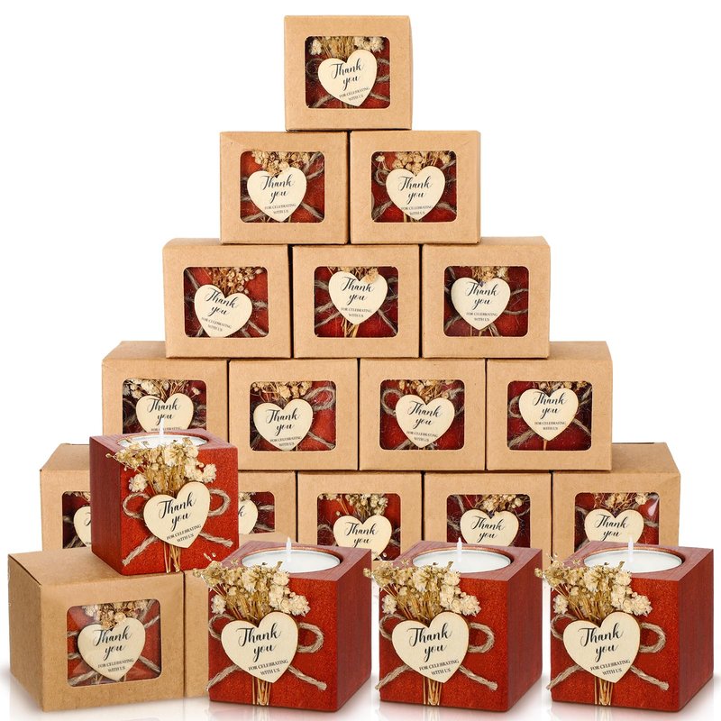 Jingmore 50 Sets Wedding Candles Favors Bridal Shower Thank You Gifts for Guest Rustic Wood Candle Holders Bulk Tealight Holder Baptism Favors Recuerdos para Boda(Dark Brown)