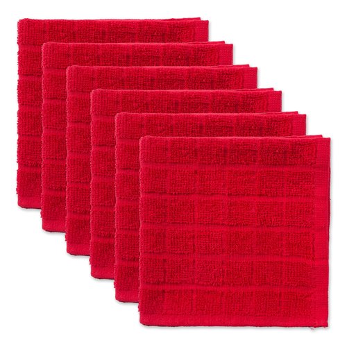 DII Basic Terry Collection Solid Windowpane Dishcloth Set, 12x12, Red, 6 Piece