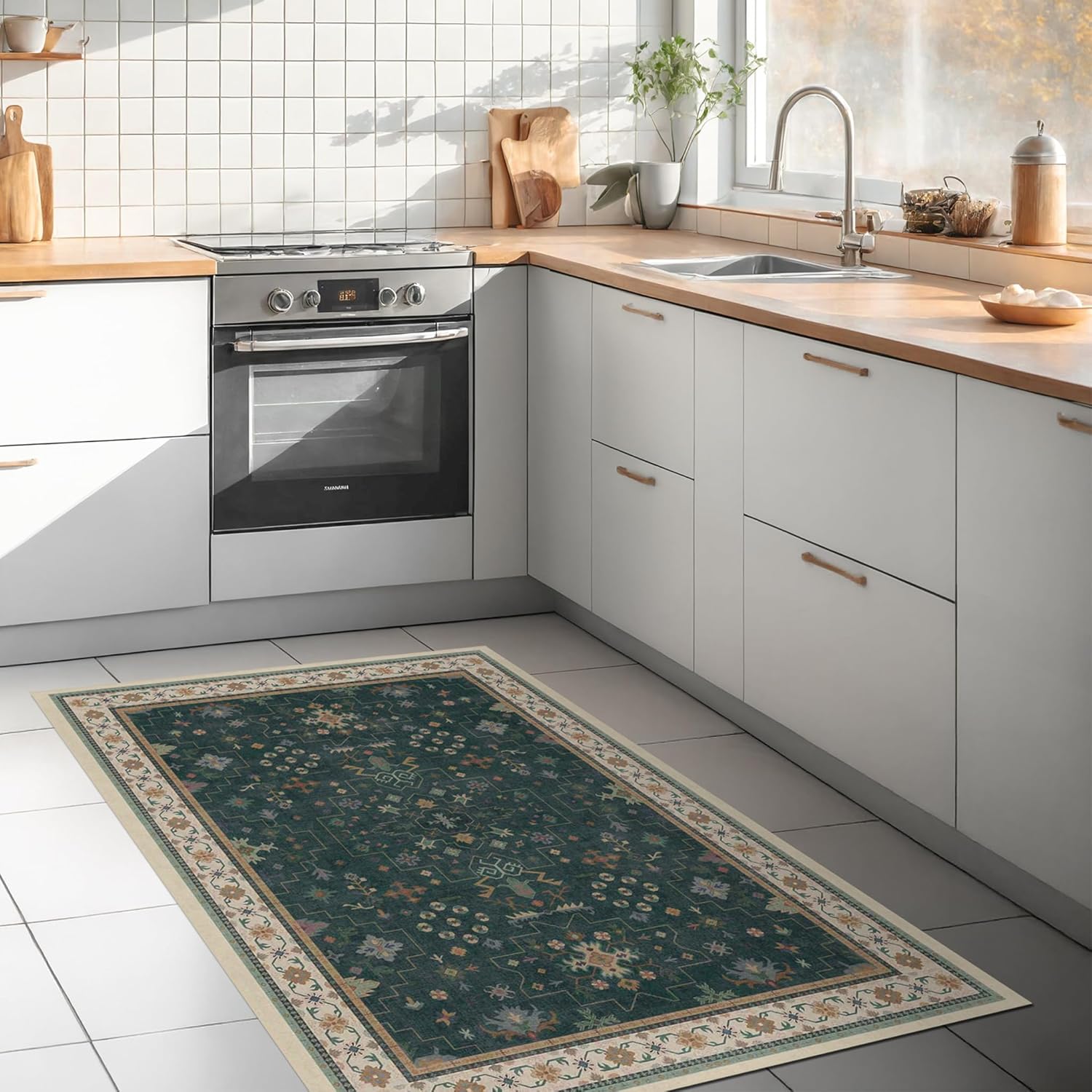 Oushak Dark Green 3x6 Kitchen Rug - Modern Vintage Boho Floral, Washable Non-Slip Area Rug for Entryway & Bedroom