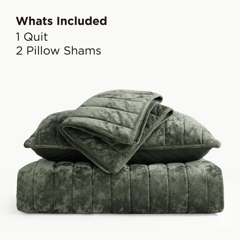 Bedsure Velvet Quilt Queen Size Set - Lightweight Velvet Comforter Queen, Luxury Bedspread Coverlet, Ultra-Soft Bedding Set with 2 Pillow Shams for All Season, 90"x96", Olive Green