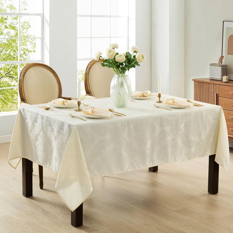 Newbridge Barcelona Luxury Damask Fabric Tablecloth, 70” Extra Wide x 144” Rectangle, Antique White, 100% Polyester, No Iron, Soil Resistant Dining Room, Party and Banquet Table Cover