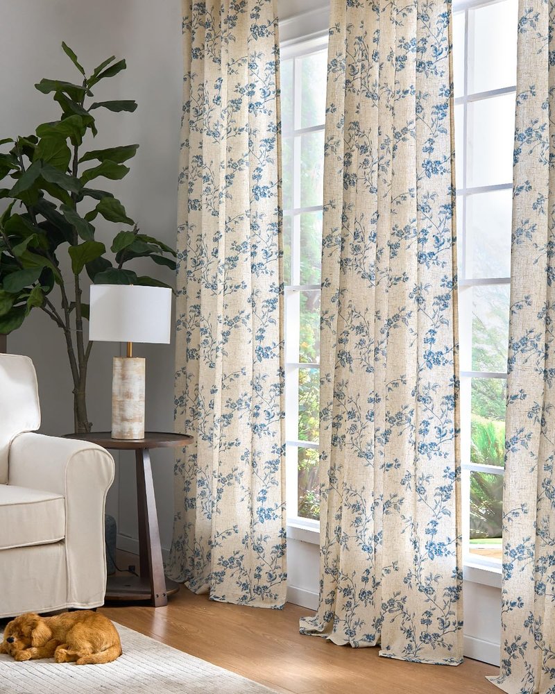 jinchan Linen Floral Curtains for Living Room 84 Inch Length Blue Printed Curtains Back Tab French Country Farmhouse Flower Patterned Drapes Bedroom Window Curtain Set 2 Panels