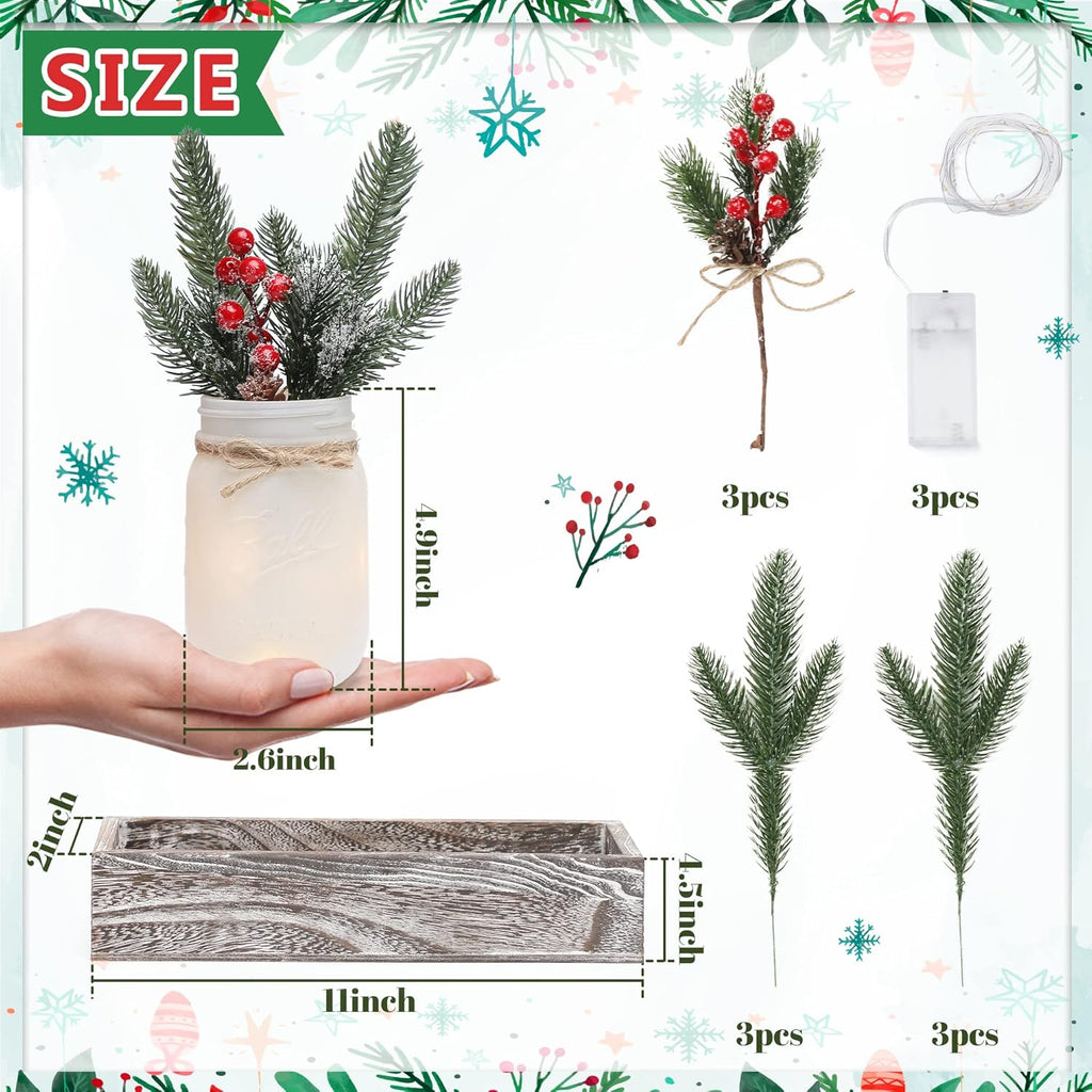 Skiennix Winter Mason Jar Centerpiece - LED Lights & Artificial Plants | Set of 3 for Festive Home Decor
