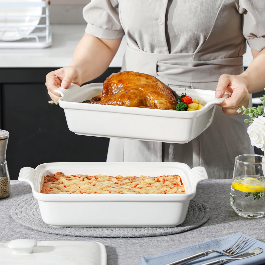 MALACASA 3.4 Quart Baking Dish With Lid, Porcelain Casserole dish with Lid, 13 x 9 Lasagna Pan Deep with Lid, Rectangular Bakeware With Handle, Microwave, Oven Safe, White, Series BAKE