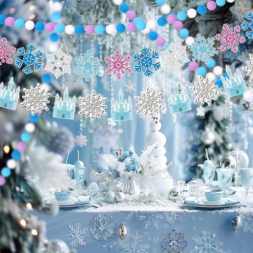 Fanfanwin Snowflake Birthday Banner - 5 Pcs Blue Snowflake Design with Felt Castle Decor | Winter Holiday Party