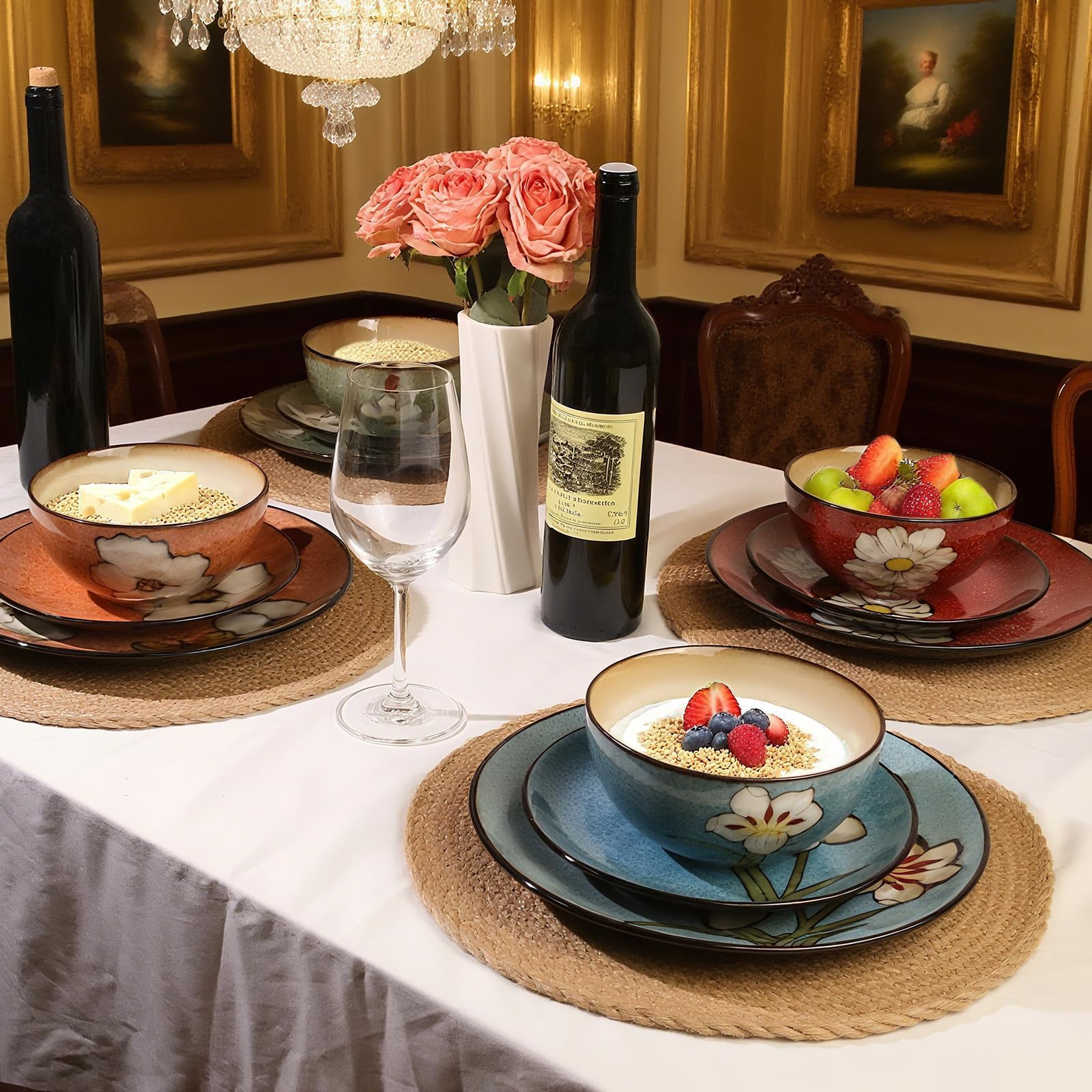 Soyestan Plates and Bowls Sets,12 Pieces Kiln Changed Glaze Ceramic Dinnerware Set,Dishes Set for 4,Highly Chip and Crack Resistant Modern Plate Set,Dishwasher & Microwave Safe (4 colors)