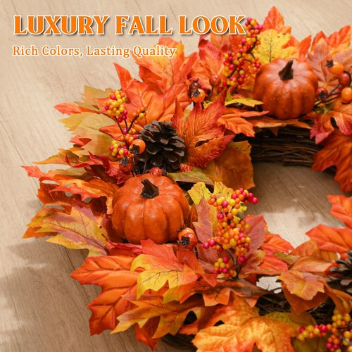 2 Pack Fall Wreaths for Front Door, 20 Inch Autumn Wreath with Pumpkins Maple Leaves for Harvest Home Outdoor Thanksgiving Wall Decor