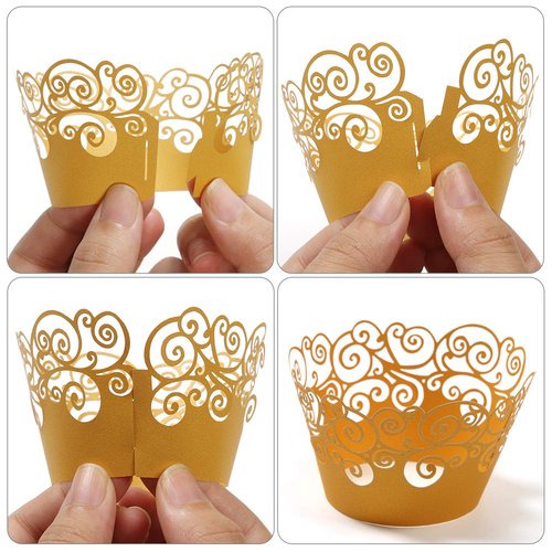 Cupcake Wrappers, KPOSIYA 100 Pack Cupcake Wraps Filigree Artistic Bake Cake Paper Cup Little Vine Laser Cut Liner Baking Cups Muffin Case Trays for Wedding Party Birthday Decoration (100, Black)