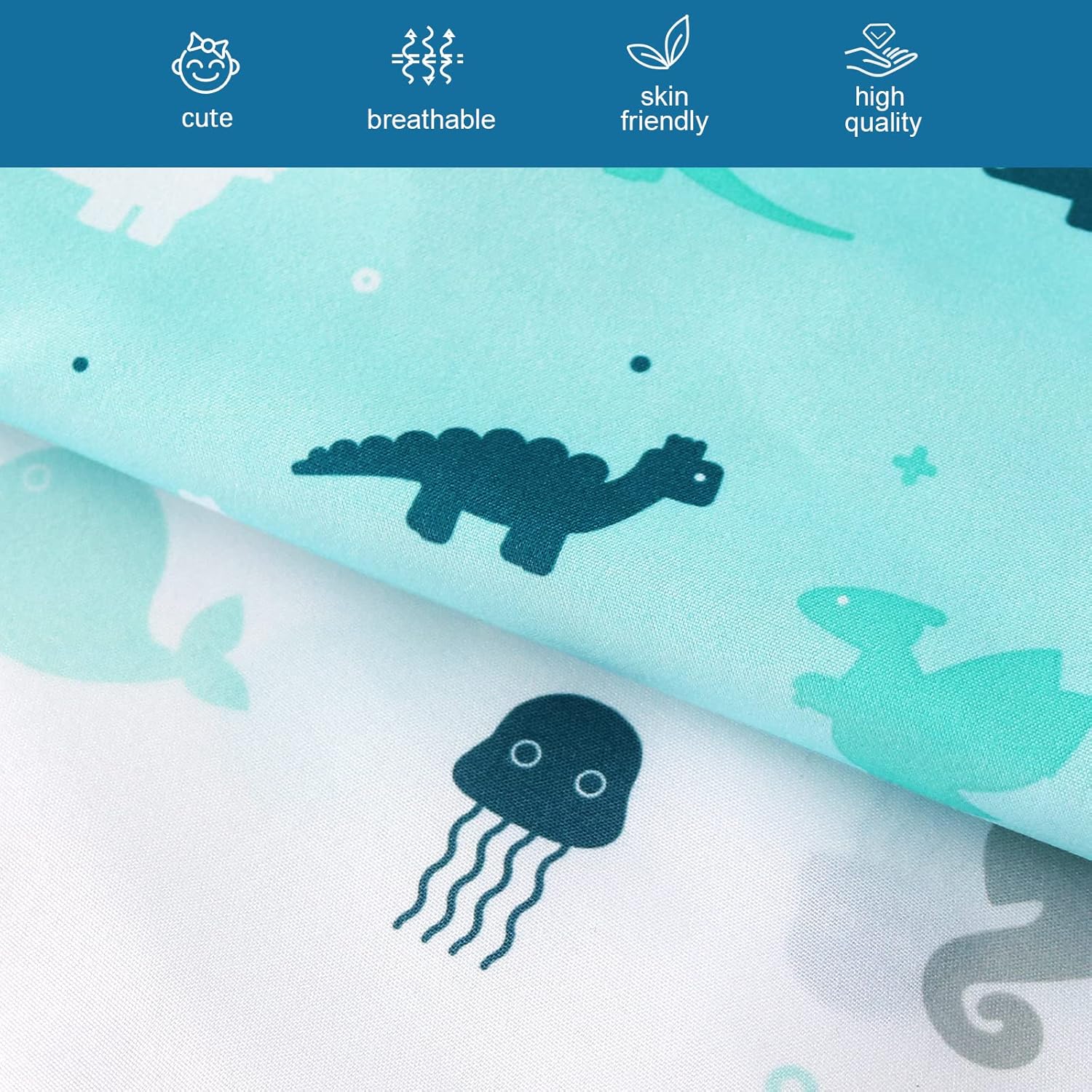 Skiennix Crib Sheets - Soft & Breathable Fitted 2-Pack for Standard Crib & Toddler Mattress | Dinosaurs & Ocean Design, 52'' x 28''