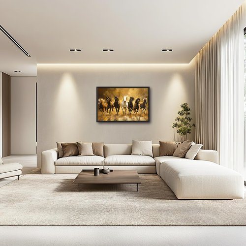 Large Horse Wall Art Lucky 7 Running Horses Painting Wall Decor Golden Canvas Prints Pictures Modern Framed Artwork Home Decoration above Bed for Living Room Dining Room Bedroom Office 36"x24"