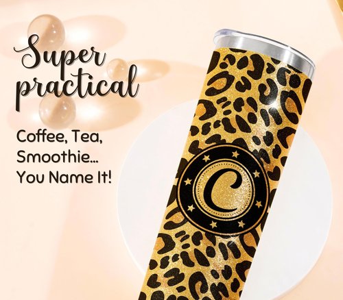 Onebttl Personalized Leopard Cup with Initial - Unique Gifts for Women Who Have Everything on Birthday, Christmas - 20 oz Double-Wall Vacuum Tumbler with Lid and Straw - Golden Glitter - Letter M