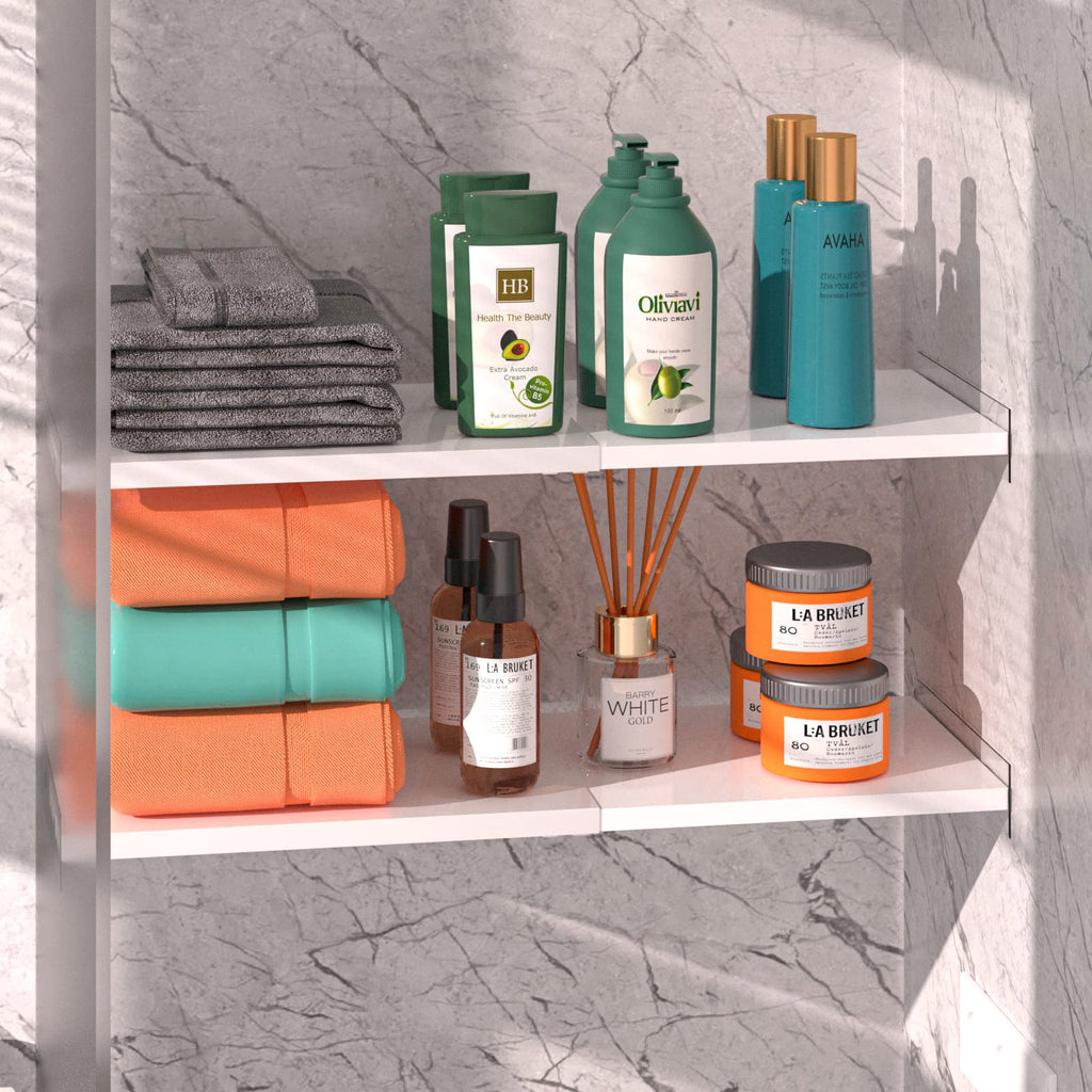 Slideep Expandable Closet Tension Shelf, Metal Adjustable Wardrobe Shelves Organizer System with Strong Seamless Sticker for Kitchen, Wardrobe, Cupboard 2 Pack (L:16.9'' to 31.5"; W:11.8")