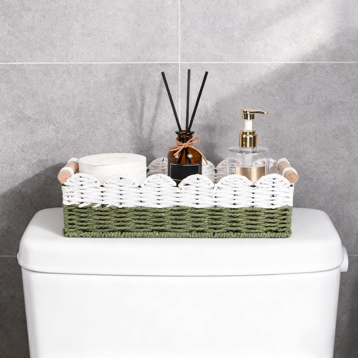 Regine Switzerland Scalloped Edge Toilet Paper Storage Basket - Handwoven Paper Rope Design | Small Size with 2 Wooden Handles