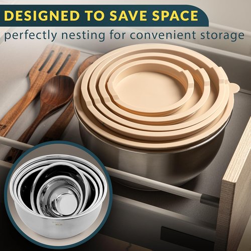 Baker's Signature Stainless Steel Mixing Bowls Set - Airtight Lids, Non-Slip Base | 5 Sizes (0.63QT-5QT), Khaki