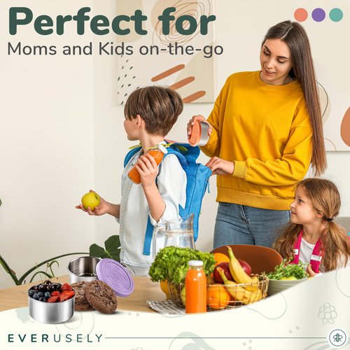 Everusely - Stainless Steel Food Containers - 3 Pack, Bright - Metal Lunch Box - Nesting Snack Containers for Office, Home Food Storage - Leakproof Silicone Lids - Dishwasher and Freezer Safe