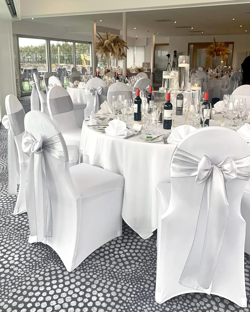 Showgeous Silver Satin Chair Sashes - 60 PCS Elegant Bows for Wedding & Event Decor | 7 x 108 Inch