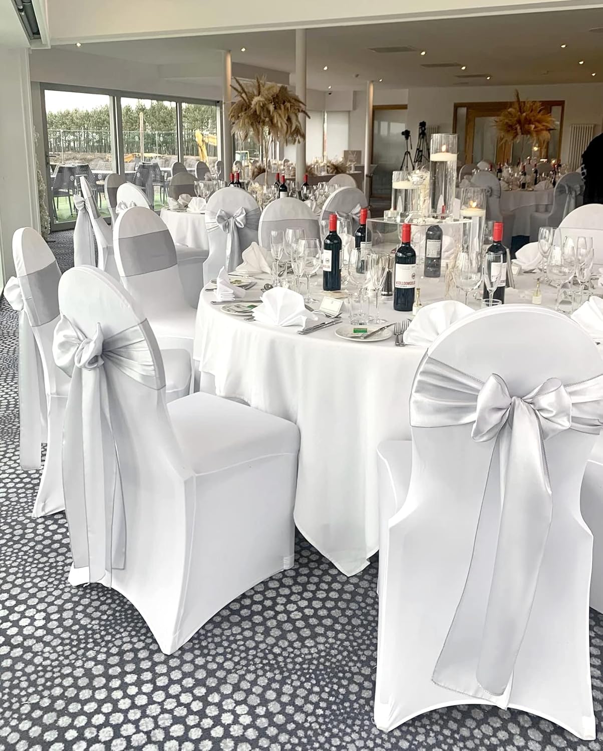 Showgeous Silver Satin Chair Sashes - 60 PCS Elegant Bows for Wedding & Event Decor | 7 x 108 Inch
