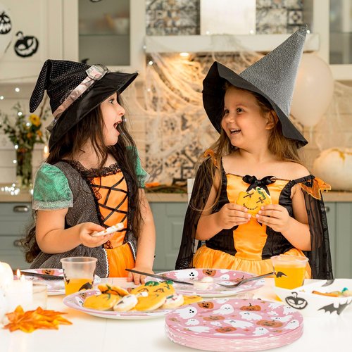 24Pcs Pink Halloween Paper Plates 9 Inch Cute Ghost Pumpkin Disposable Plates Decorative Party Plates for Halloween Birthday Party Dinner Tableware Supplies Table Decor