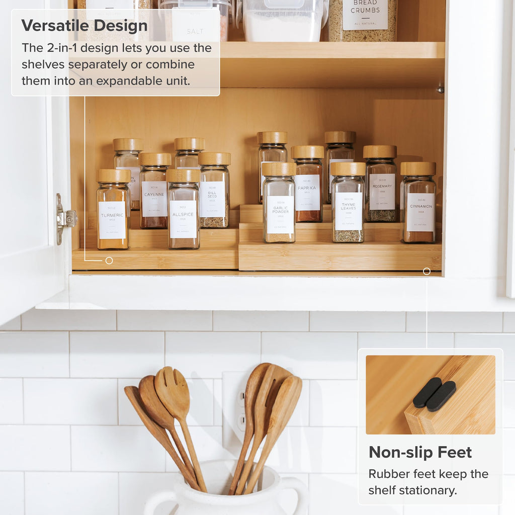 KitchenEdge Expandable Spice Rack Organizer for Cabinet, 3-Tier Shelf for Spice Organization (11” to 22”), Fits 36 Spice Jars, Seasoning and Pantry Storage, Non-Slip Feet, 100% Bamboo Wood