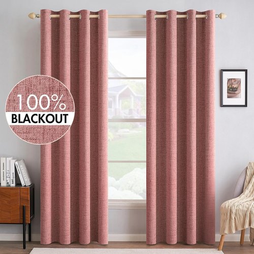 MIULEE 100% Blackout Linen Textured Curtains - Thermal Insulated Dusty Rose Drapes | 52 x 108 Inch (2 Panels)
